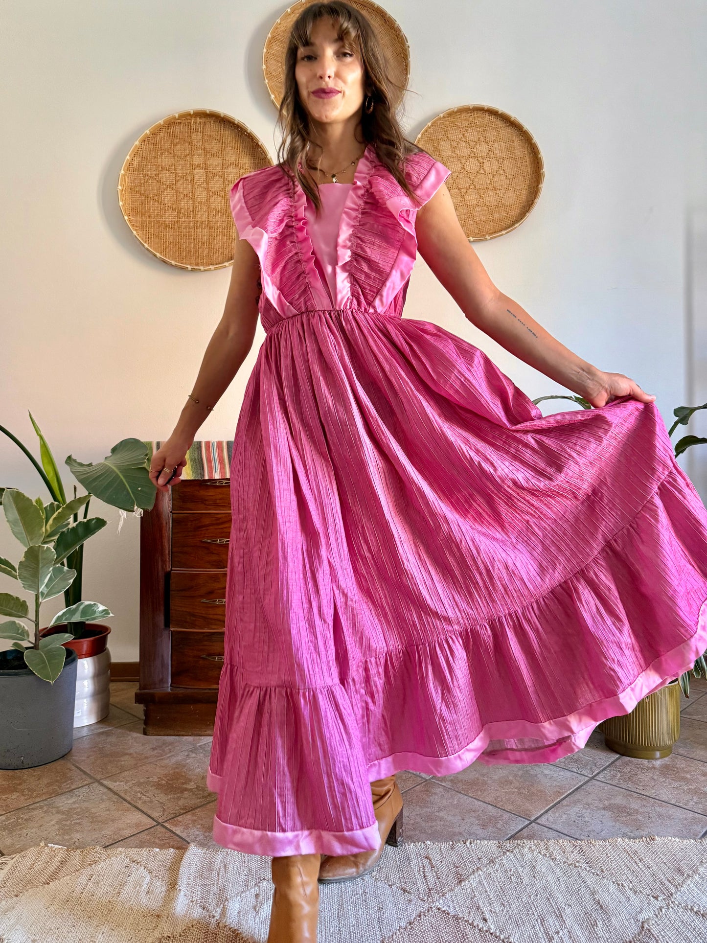 1970’s vintage metallic textured pink maxi prairie dress with satin ruffle details