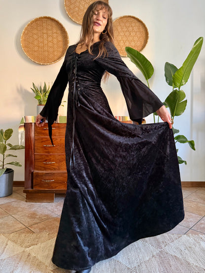 1990’s vintage black lace up bodice gothic velvet maxi dress with bell sleeves