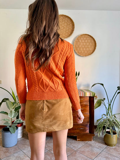 1970's vintage orange wool mock neck cable knit pullover