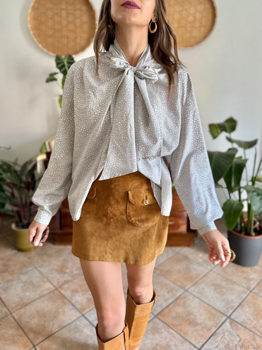 1970's vintage grey and white polkadot bow tie blouse