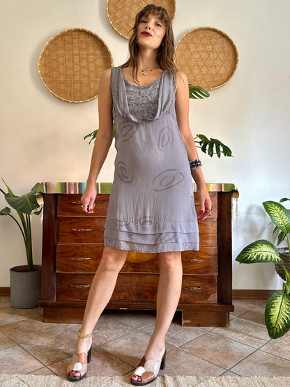 1990’s vintage grey silk mini slip dress with geometric pattern and silver textured details