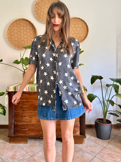 1970’s vintage navy blue silk blouse with star print and rhinestone star buttons