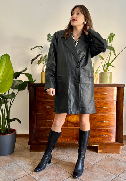 1980's vintage oversize black leather jacket with asymmetrical buttons
