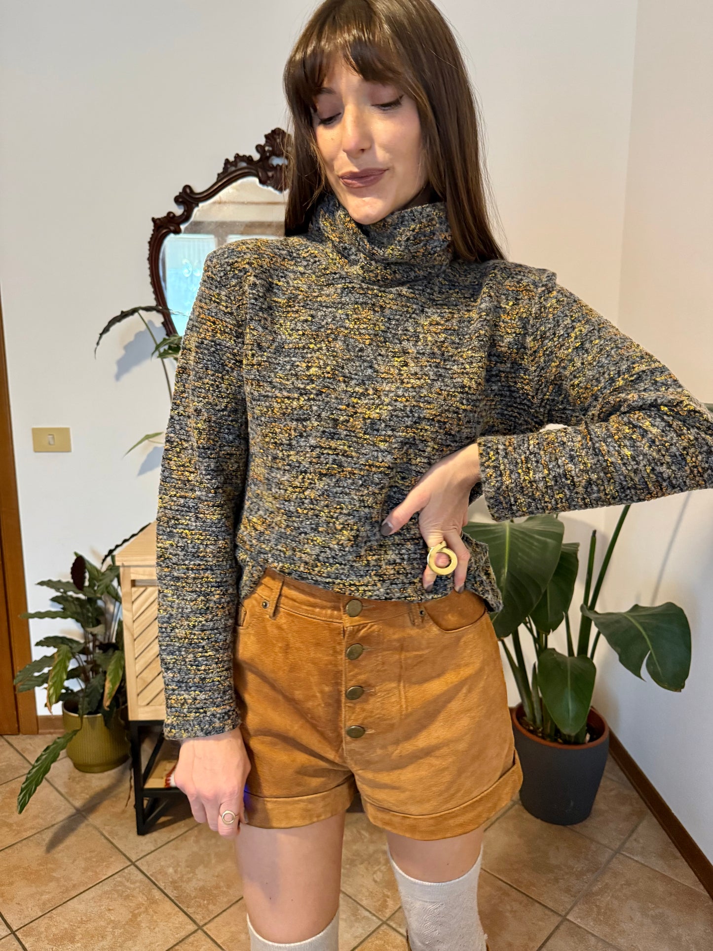 1990's vintage charcoal grey, yellow and blue boucle knit turtleneck pullover