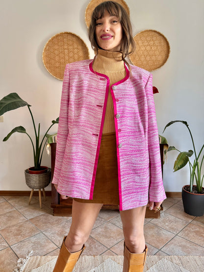 1980’s vintage fuchsia and cream textured woven jacket with rhinestones stone buttons