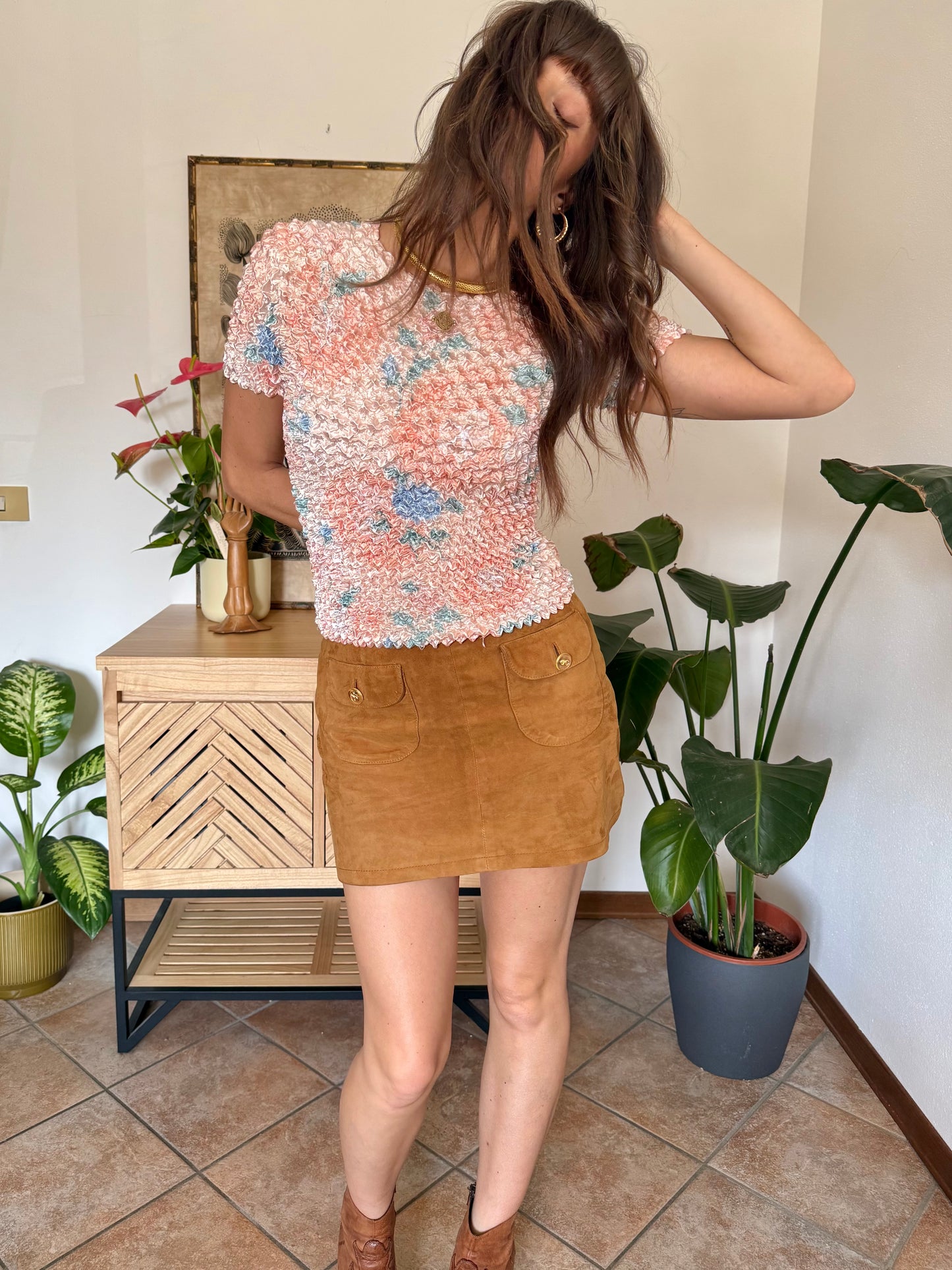 1990’s vintage pink, peach and blue crinkle top