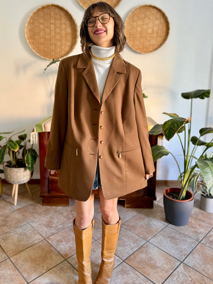 1970's vintage chocolate brown oversize wool jacket with gold metal details