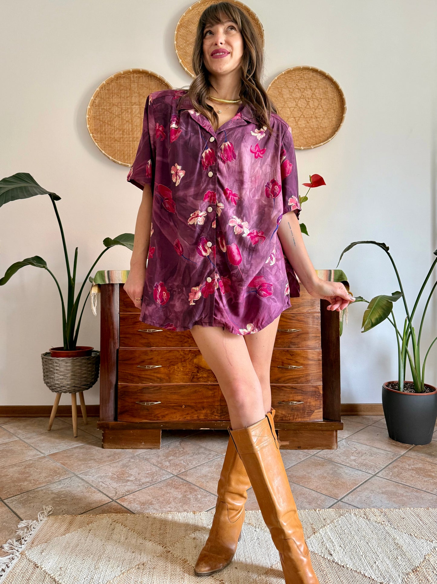 1980’s vintage fucsia and purple multi tonal floral shirt dress