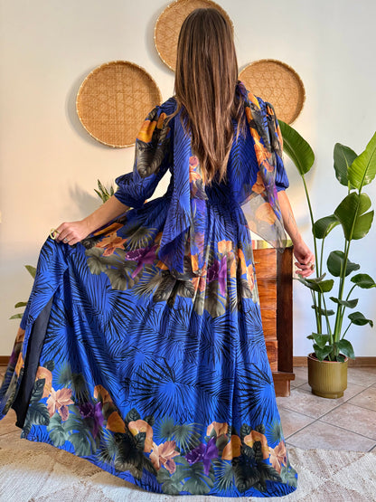 1960’s vintage blue floral silk evening gown with matching scarf and belt