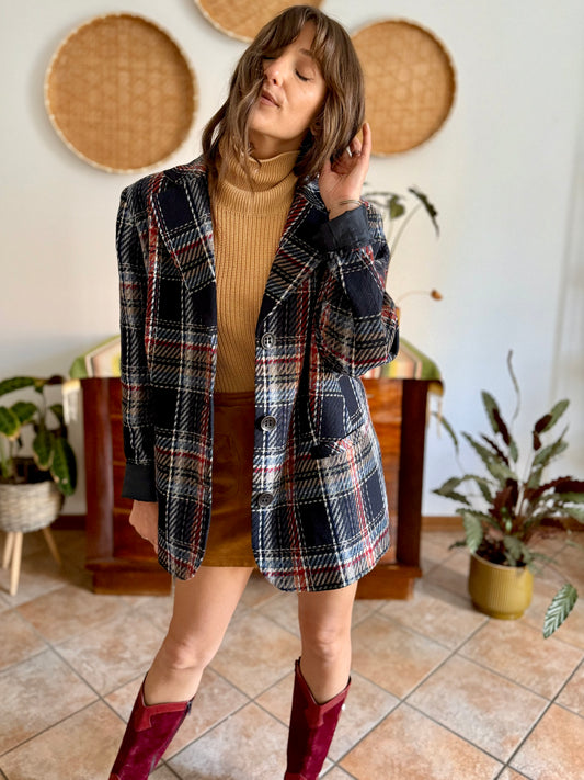 1990's vintage oversize navy, red and orange plaid wool blazer