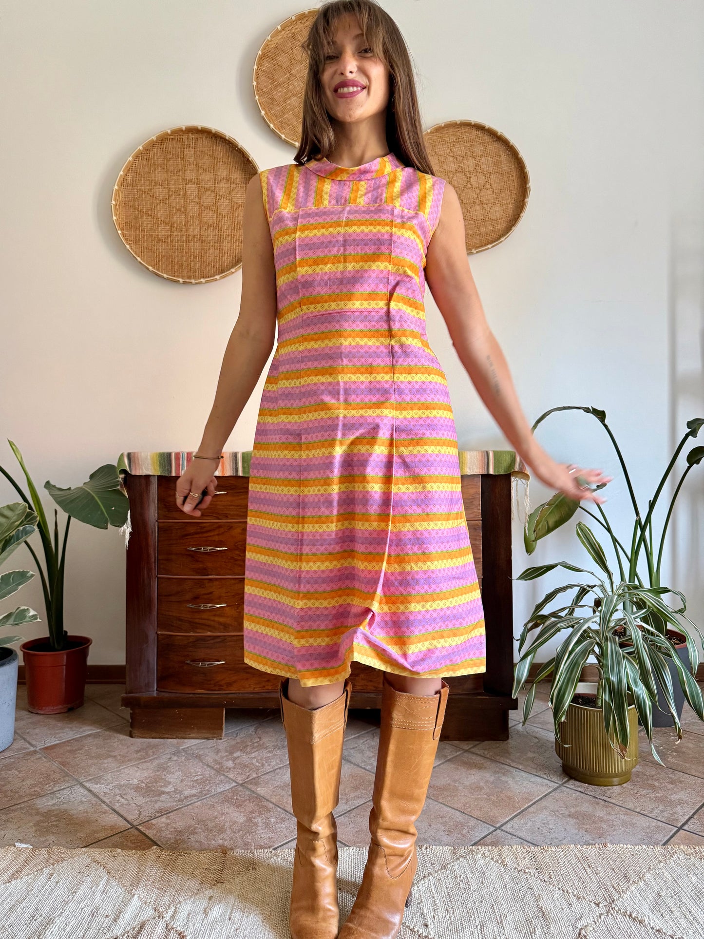 1960’s vintage pink and yellow striped geometric hand block printed midi dress