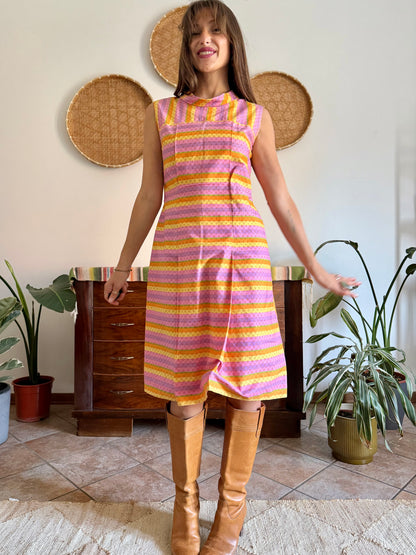 1960’s vintage pink and yellow striped geometric hand block printed midi dress