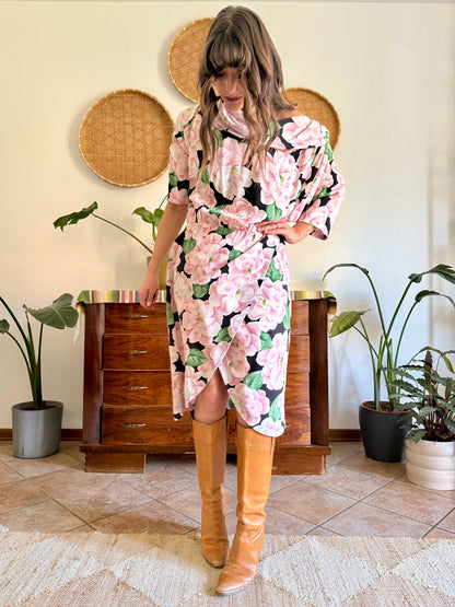1960’s vintage pink, green and black silk floral print dress