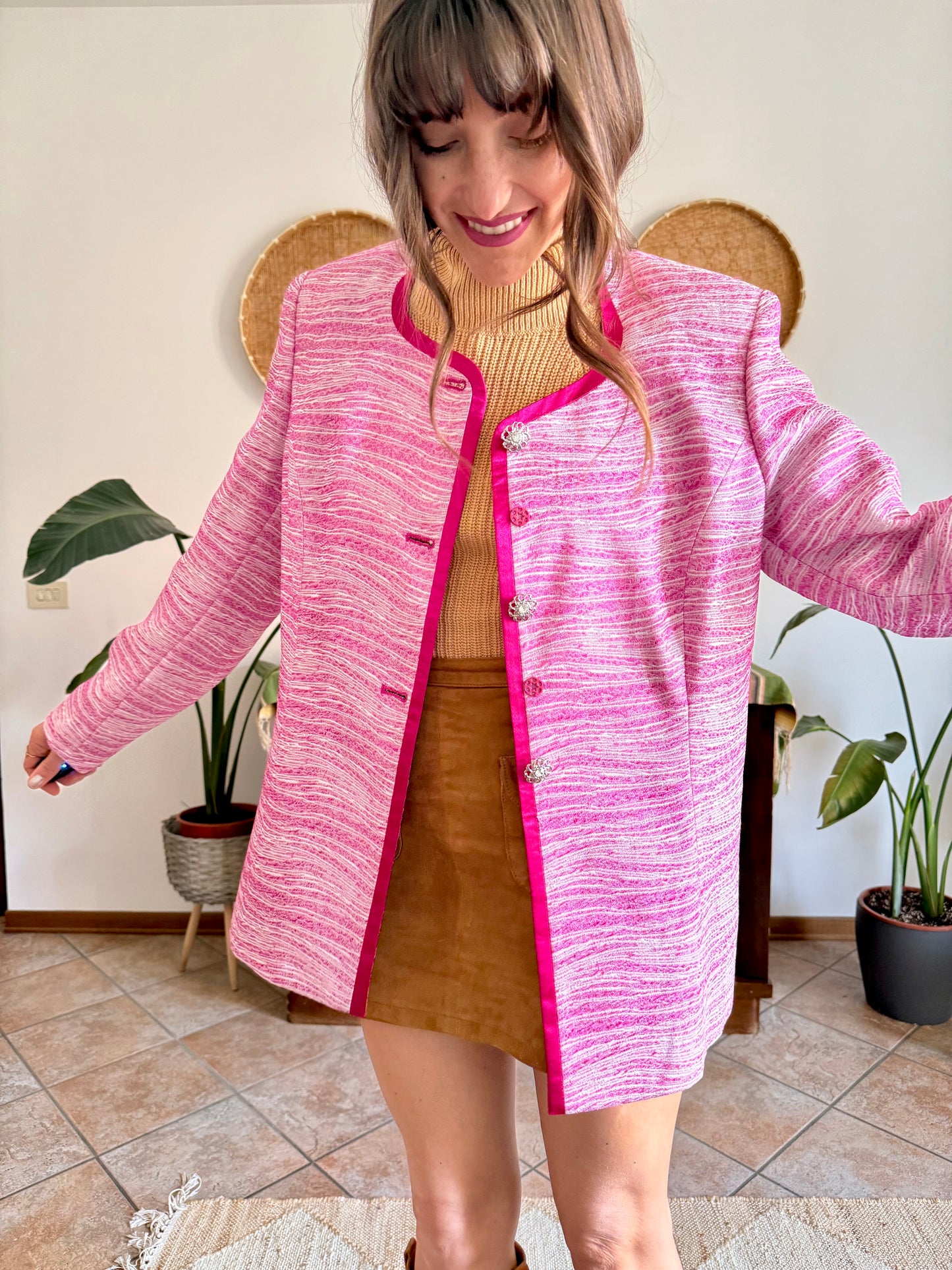 1980’s vintage fuchsia and cream textured woven jacket with rhinestones stone buttons