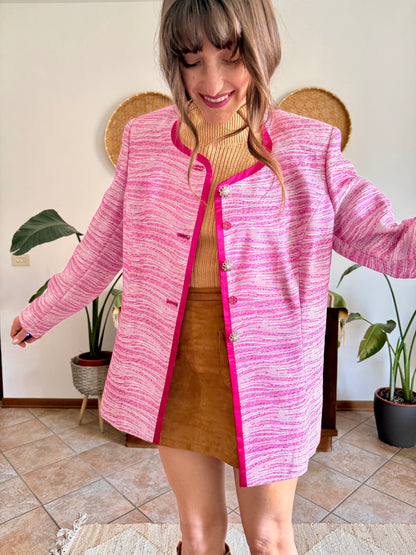 1980’s vintage fuchsia and cream textured woven jacket with rhinestones stone buttons