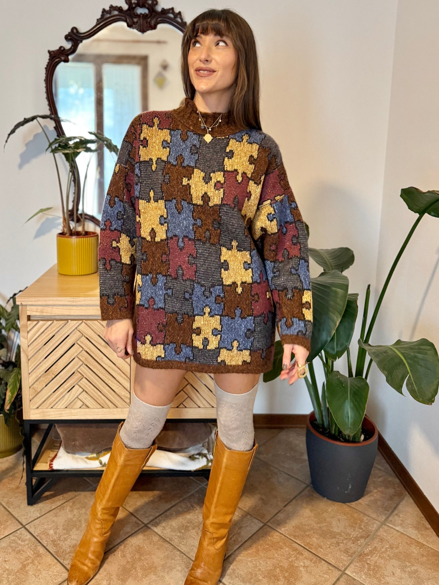 1970's vintage chocolate brown, yellow, blue and burgundy puzzle pattern knit wool pullover