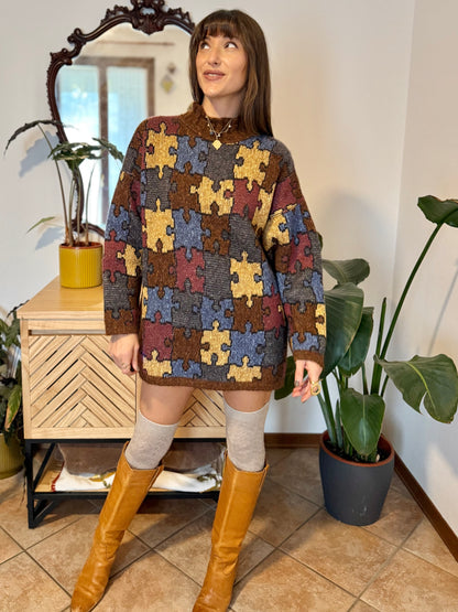 1970's vintage chocolate brown, yellow, blue and burgundy puzzle pattern knit wool pullover