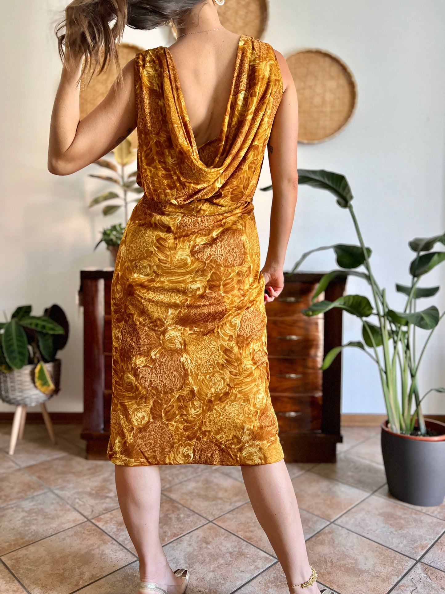 1960's vintage tan and mustard yellow floral print midi dress with cowl back