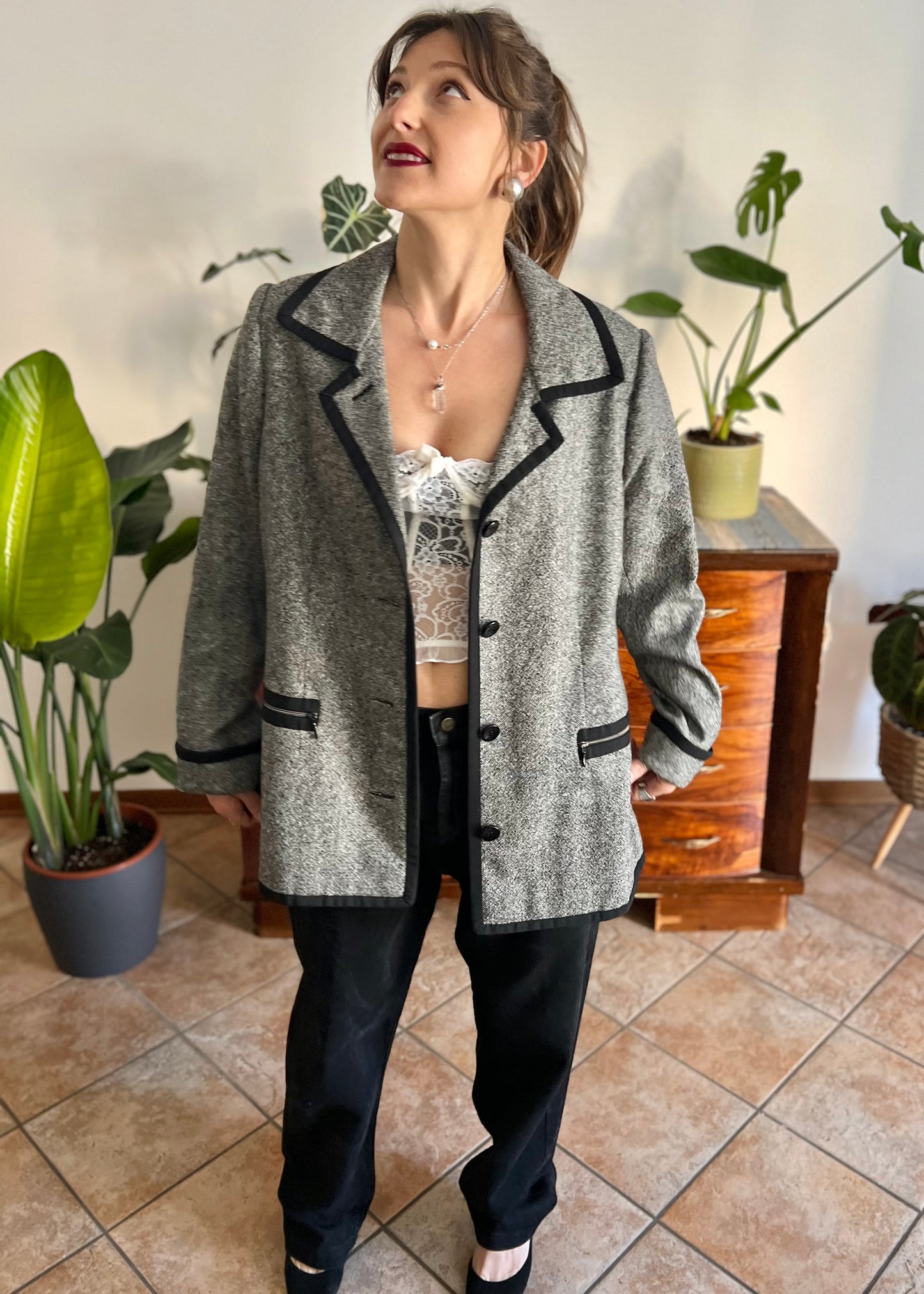 1990's vintage grey tweed oversize blazer with black trim