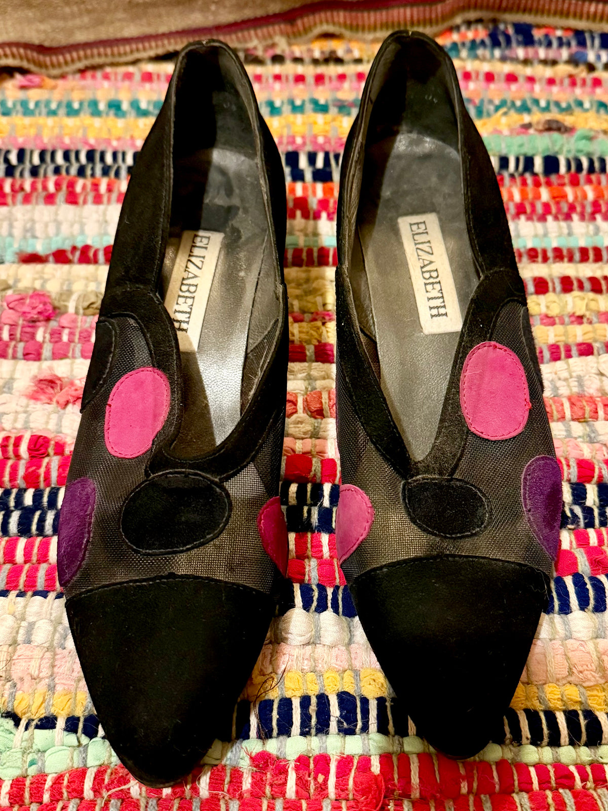 1960’s vintage black suede and mesh heels with polkadot detailing