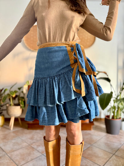 1990's vintage western ruffle denim mini skirt with tan details