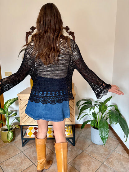 Y2k vintage black bell sleeve crocheted cardigan with silver thread accents