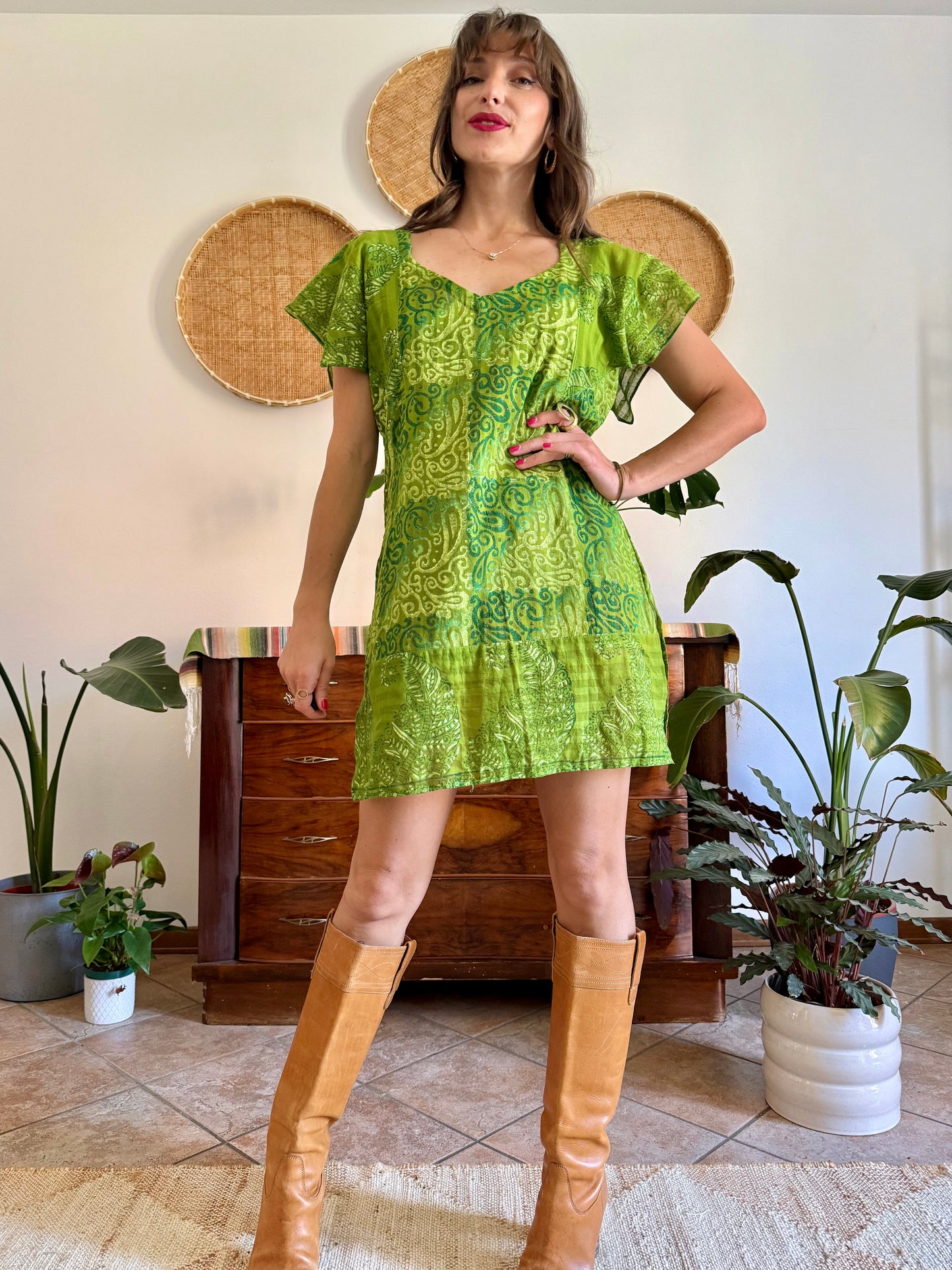 1970’s vintage mutitonal green hand block printed mini dress