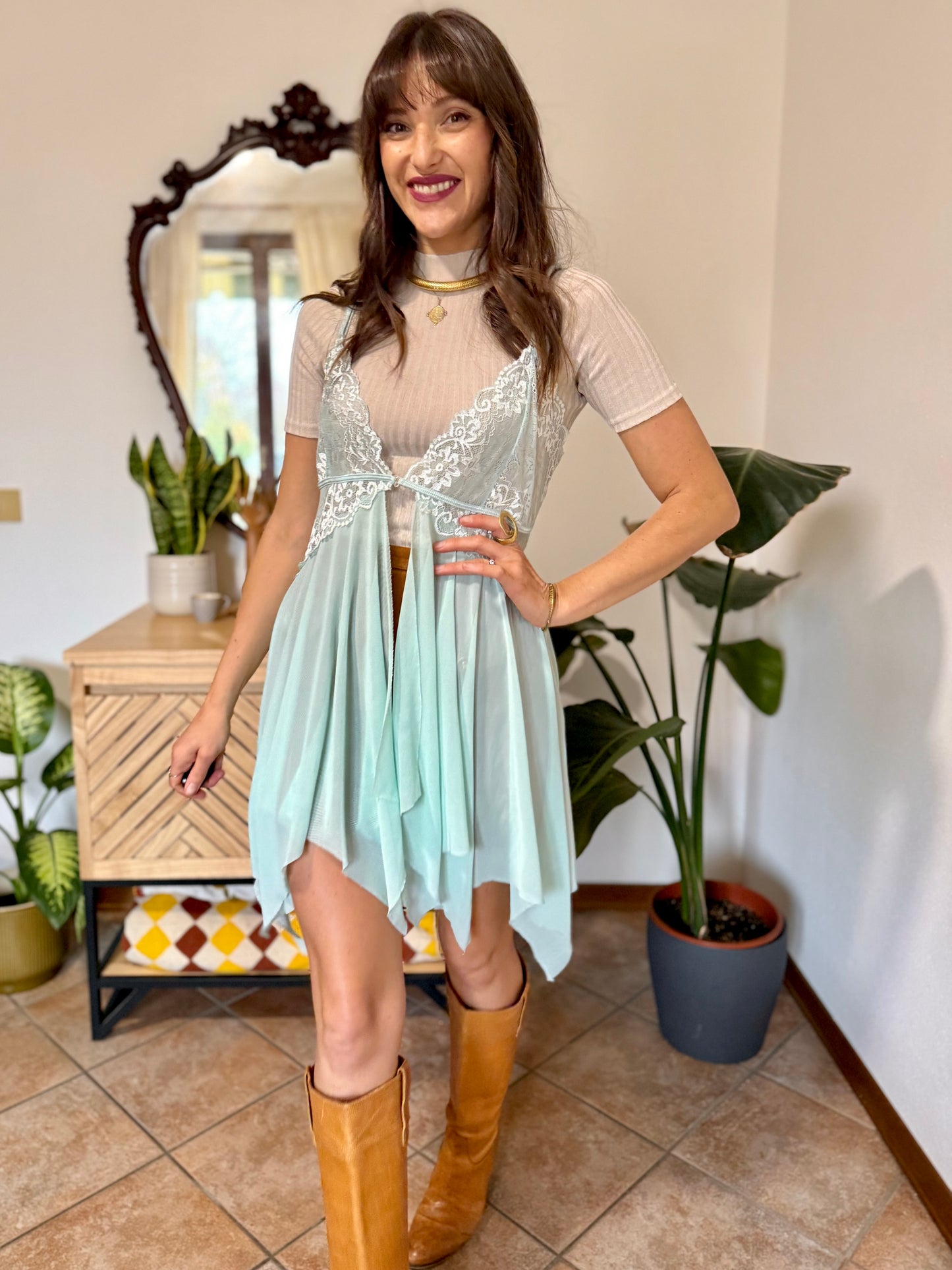 Y2K vintage asymmetrical light turquoise and lace slip