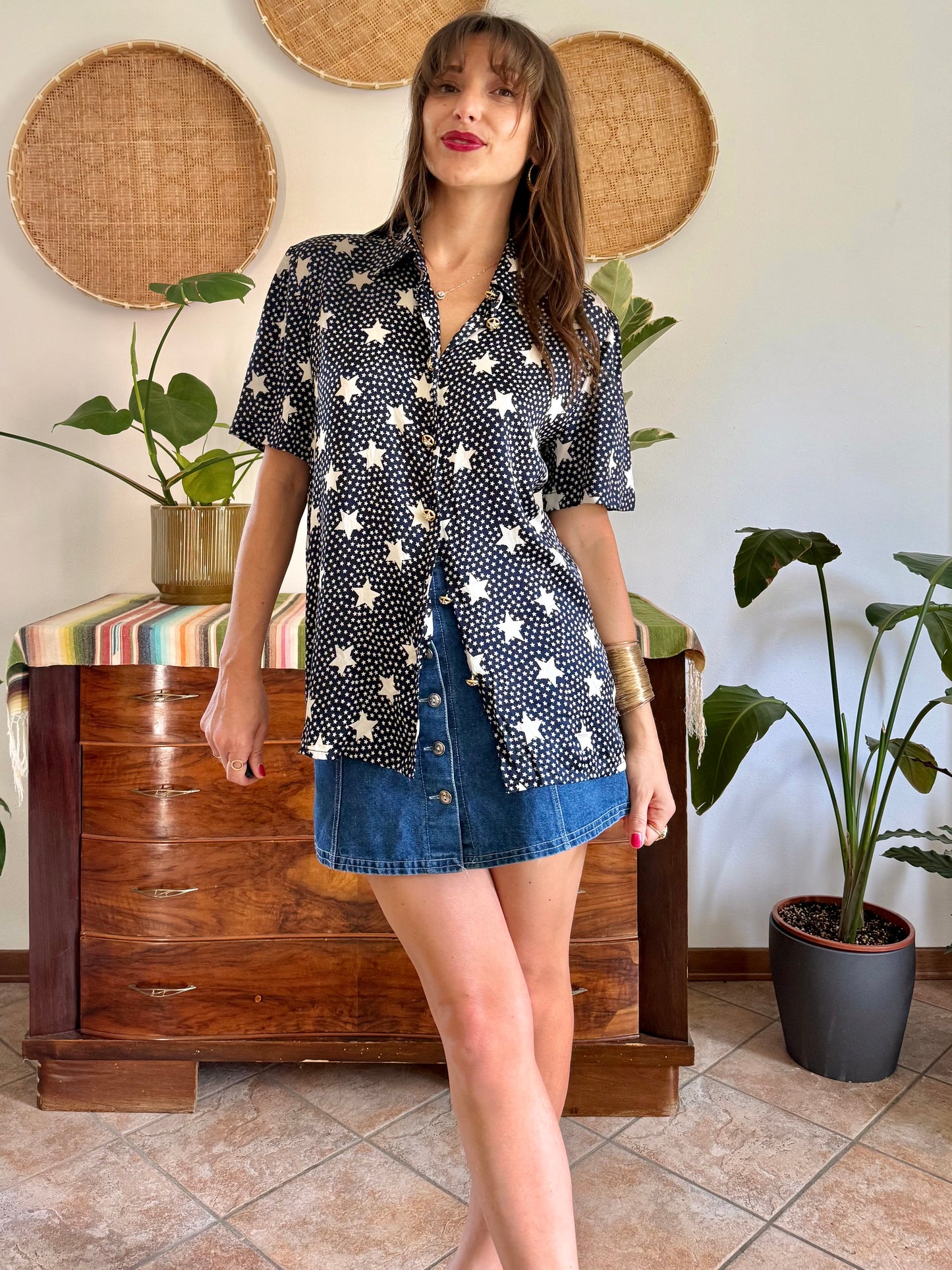 1970’s vintage navy blue silk blouse with star print and rhinestone star buttons