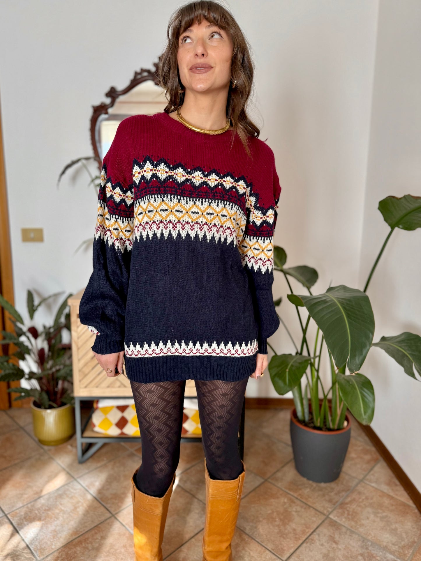 1980's vintage burgundy, navy and mustard yellow knit pullover dress