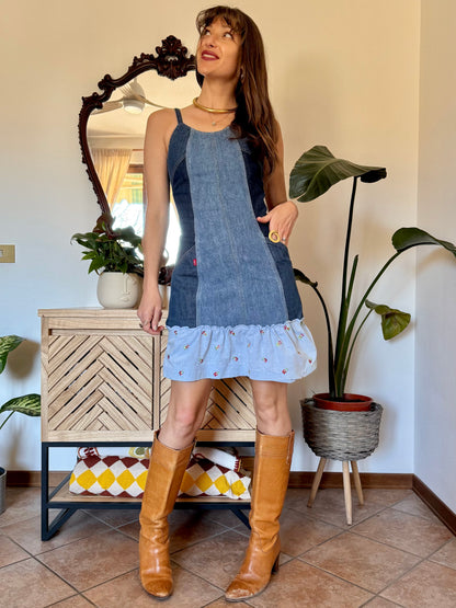 Y2k vintage denim Levi's mini dress with floral embroidery ruffle trim