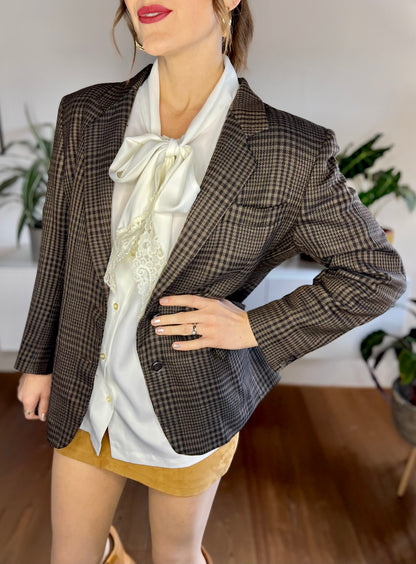 1970's vintage chocolate brown and blue cashmere blend plaid blazer