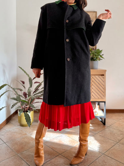 1950's vintage charcoal grey tyrol coat with green trimming and red and green plaid wool lining