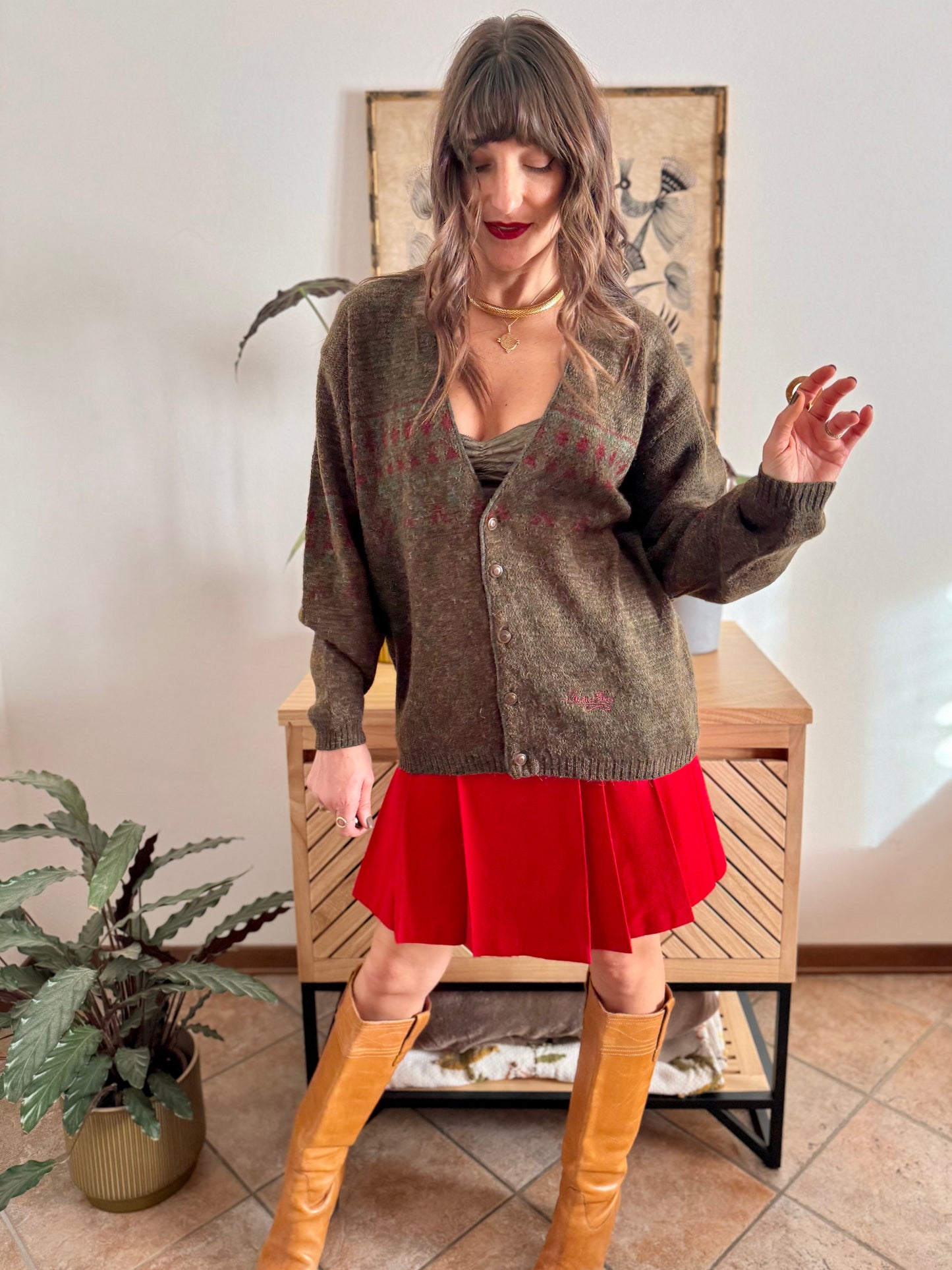 1990’s vintage green, red and khaki geometric knit wool and alpaca blend cardigan