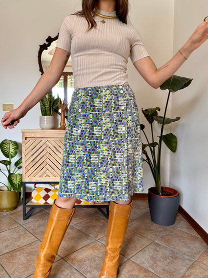 1970’s vintage turquoise, lilac and green geometric print silk midi skirt