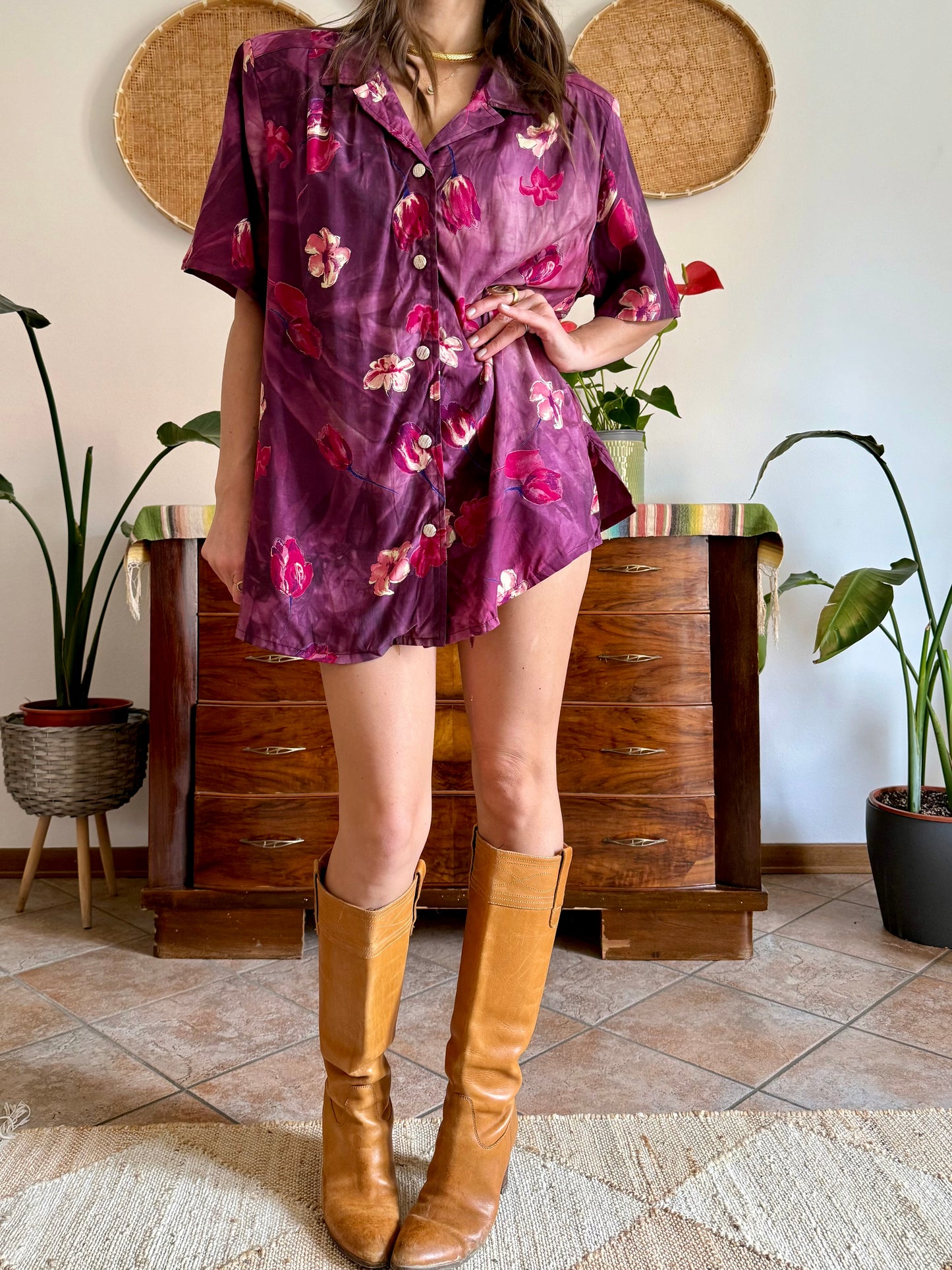 1980’s vintage fucsia and purple multi tonal floral shirt dress