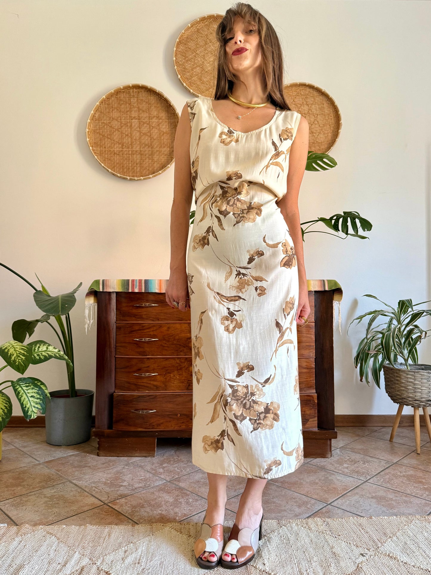 1990's vintage beige floral maxi dress with chocolate brown floral print