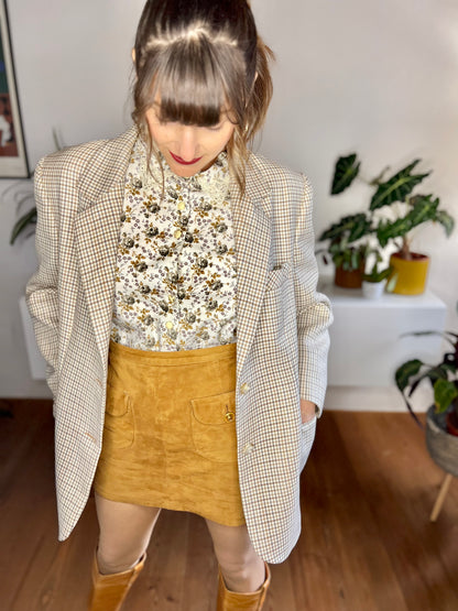 1970's vintage cream, blue and tan oversize plaid wool blazer