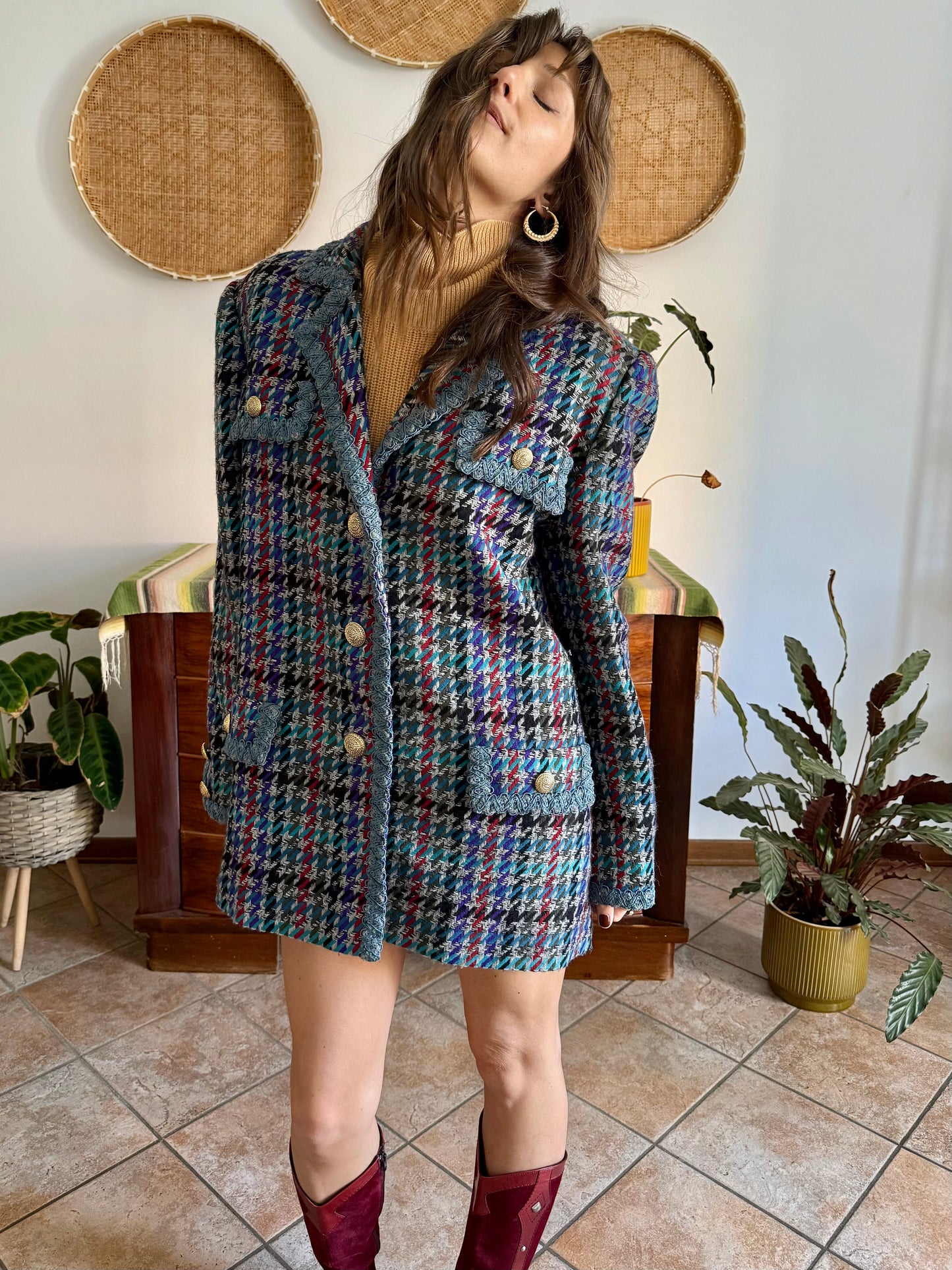 1970's vintage oversize wool blue, turquoise, and grey houndstooth plaid coat