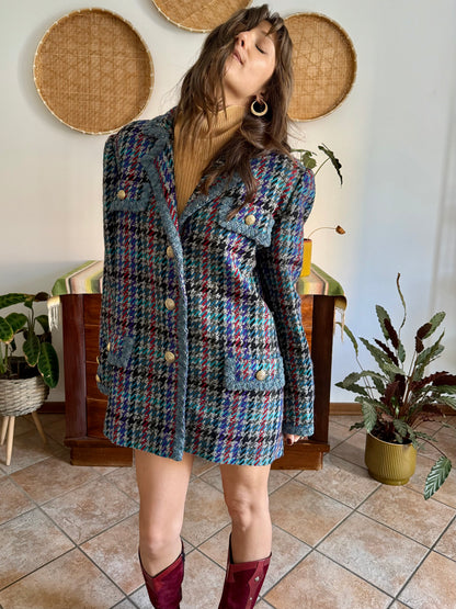 1970's vintage oversize wool blue, turquoise, and grey houndstooth plaid coat