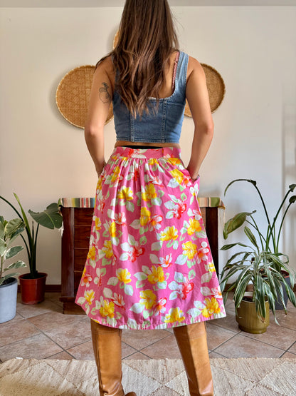 1970’s vintage pink and yellow button down midi skirt