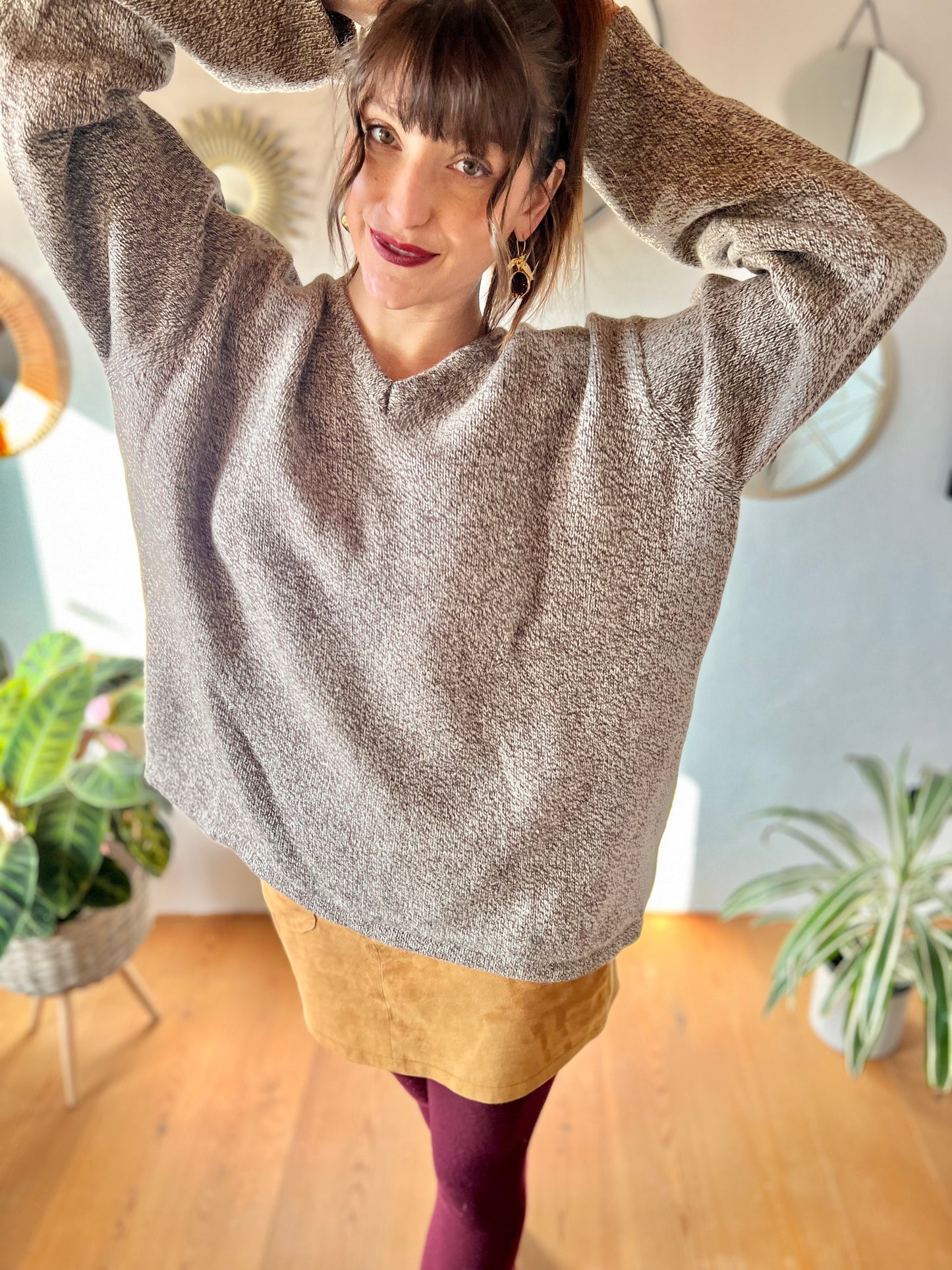 1990's vintage chocolate brown and cream speckled knit wool pullover