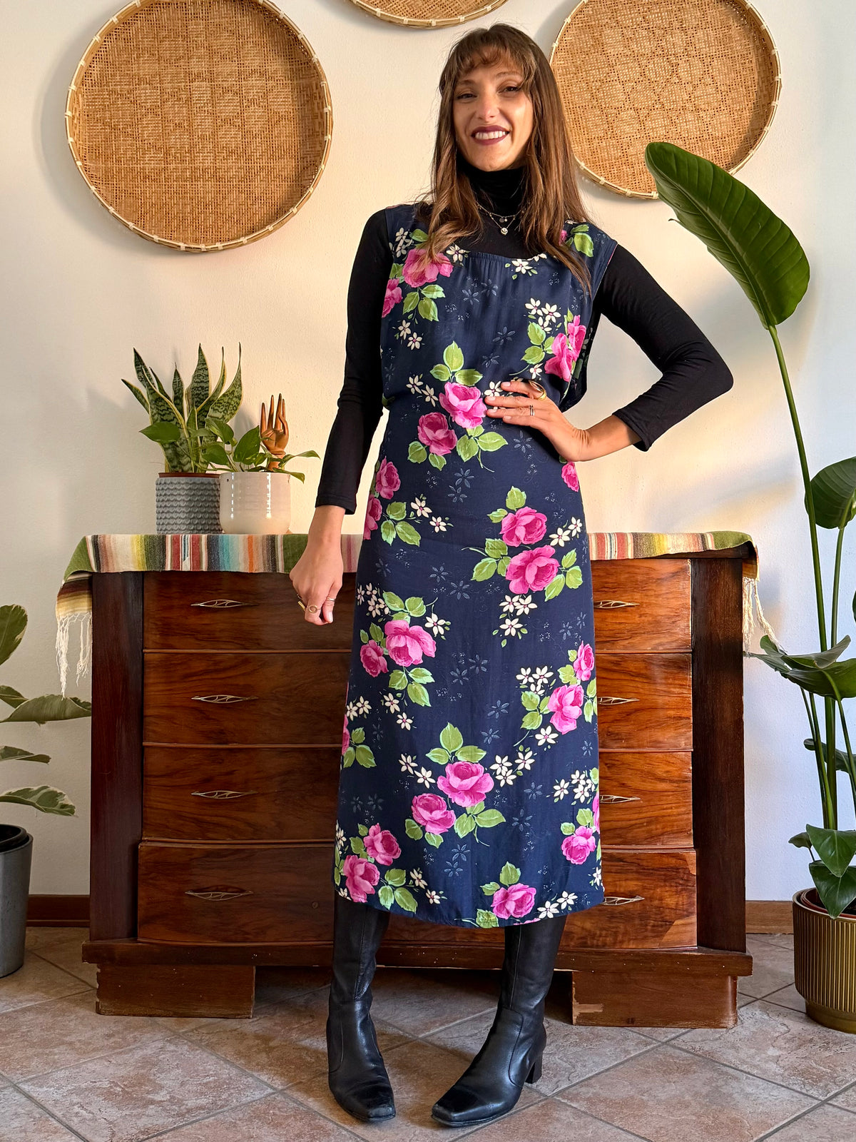 1990’s vintage navy blue and pink floral maxi dress