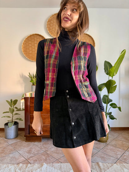 1970’s vintage fuchsia, black and gold plaid vest