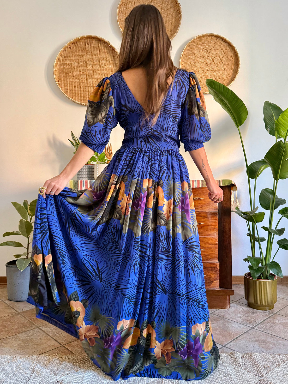 1960’s vintage blue floral silk evening gown with matching scarf and belt