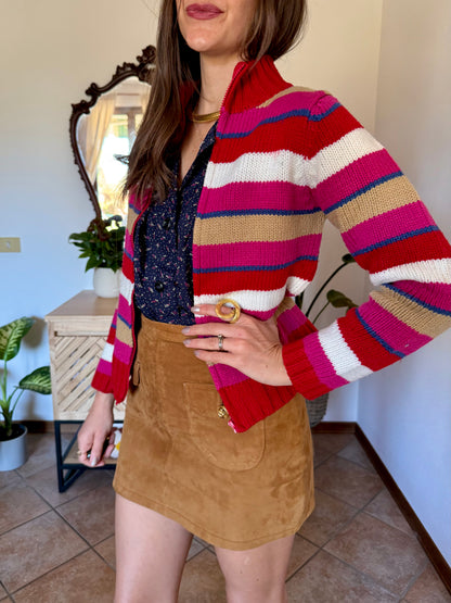 1990's vintage red, pink and blue stripe zip up wool knit cardigan