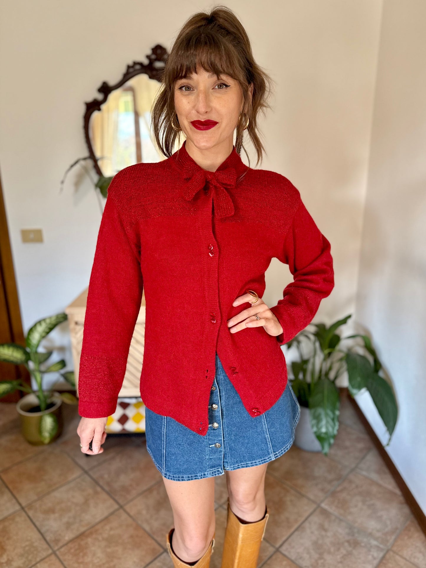 1960’s vintage cherry red hand knit wool cardigan with bow detail