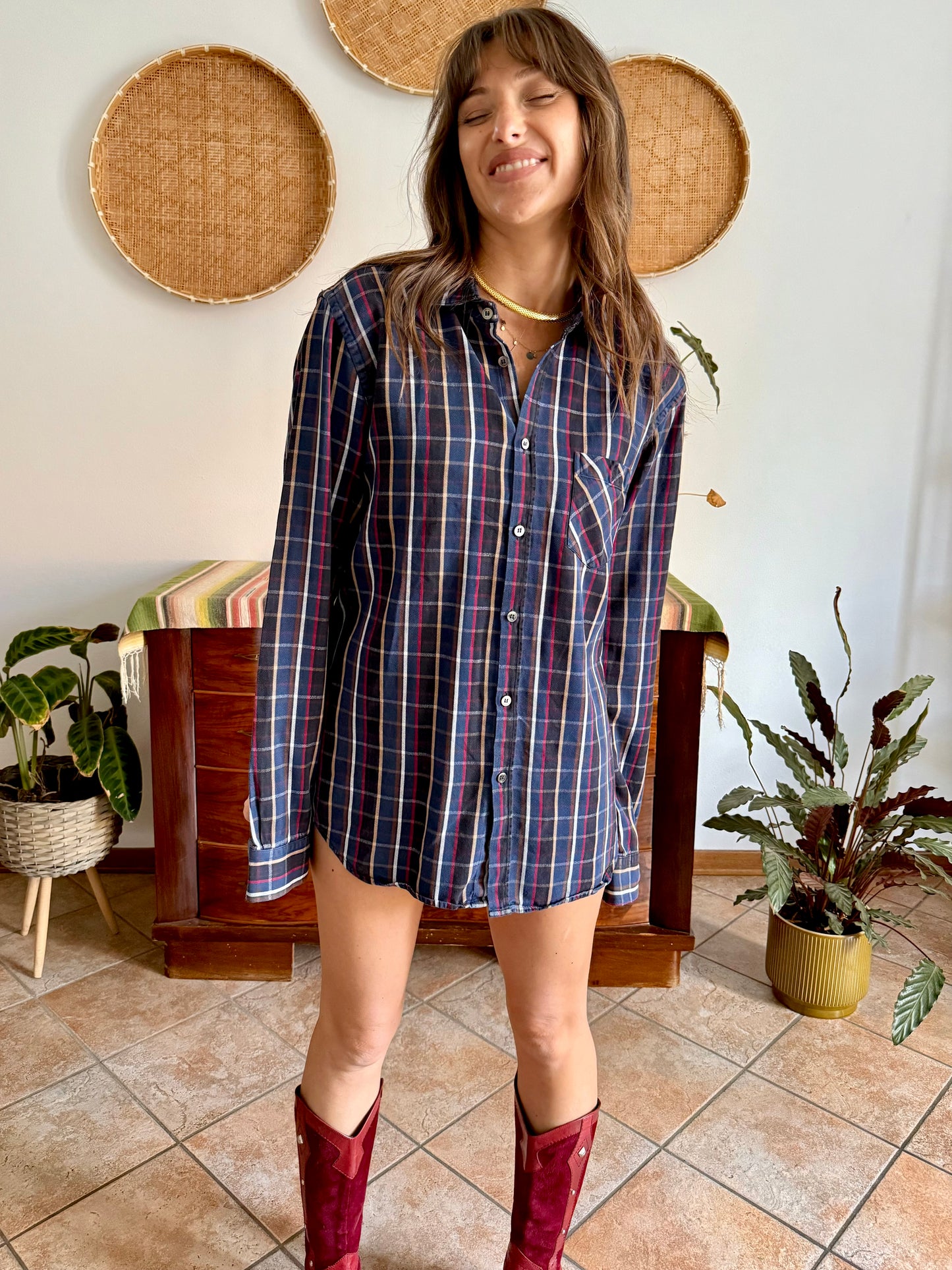 1970's vintage navy blue and chocolate brown plaid shirt