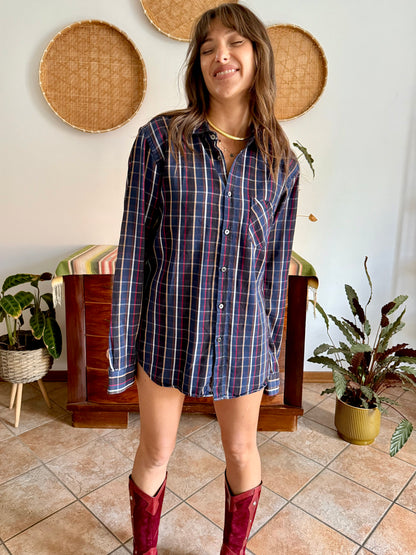 1970's vintage navy blue and chocolate brown plaid shirt