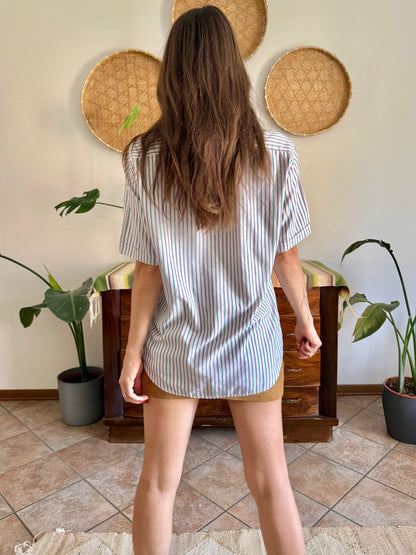 1970’s vintage lavender, turquoise and cream vertical stripe shirt